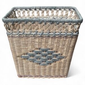 Vintage Beige Colored Woven Wicker Waste Basket with Blue and Lavender Accents